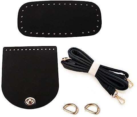 Zasvec Taschenboden zum Häkeln Einlegeboden und Riemen zum Häkeln mit Schulterriemen D-ring Tasche Twist Lock PU Leder Tasche Strickset Schwarz 1 Set