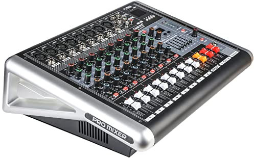 Powermixer Mischpult Mit Verstärker, Audio Mixer 8 Kanal Soundcraft, DJ Profi Audio Interface Streaming Musik Live Soundkarte, 2 * 300W Sound Board Mit 16 DSP Reverb-Arten