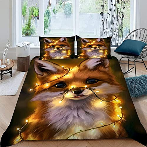 Kinder Bettbezug-Set Cartoon-Tiere Teens Bettwäsche-Sets 155X220 Weiche Mikrofaser mit Reißverschluss Kunst des Rotfuchses Jungen Mädchen Bettbezüge mit 2 Kissenbezug 80x80 cm