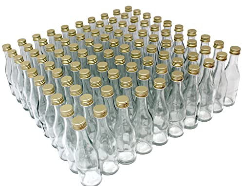 Aromhuset Lot de 100 bouteilles en verre vides de 50 ml avec col cognac transparent et bouchon à vis doré - À remplir avec de l'alcool, des liqueurs, des digestifs, des épices et de la décoration