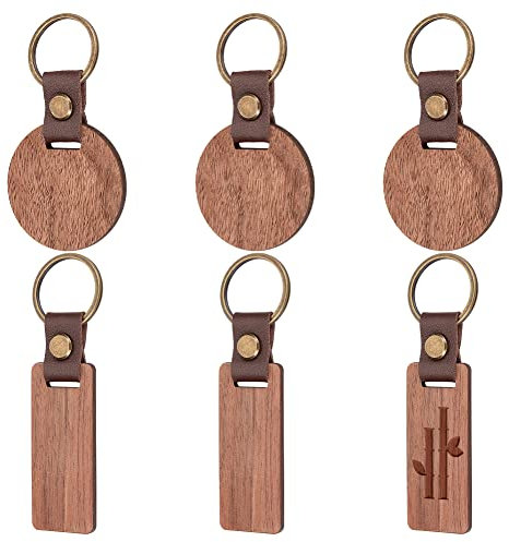nbeads 6 Stück Holz Rohlinge Schlüsselanhänger, Rechteckige Runde Personalisierter Unvollendete Holz Handwerk Schlüsselanhänger Mit Lederband Für DIY Bastelarbeiten Gravur Geschenke, Kokosnussbraun