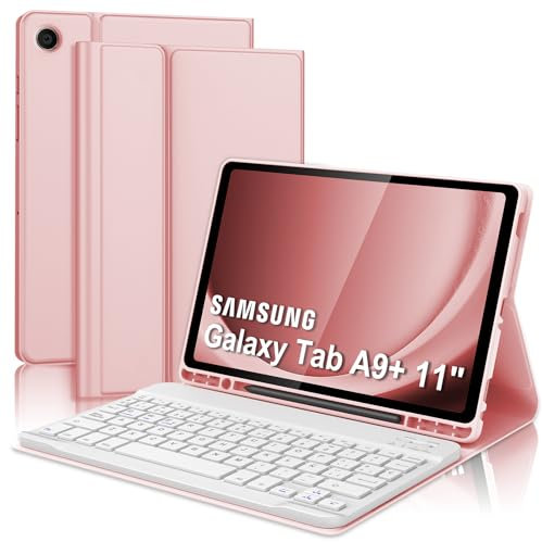 Funda con Teclado para Samsung Galaxy Tab A9+ 11'', Teclado Bluetooth Inalámbrico Desmontable con Funda y Portalápices para Samsung Galaxy Tab A9 Plus 11 Pulgadas 2023(SM-X210/X216/X218), Rosa