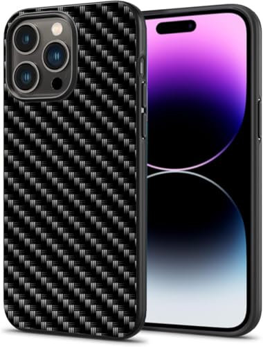 EKAM Case for iPhone 14 Pro, Carbon Fiber Texture Aluminum Bumper Hard Back with TPU Hybrid Slim Protective Cover for iPhone 14 Pro Black