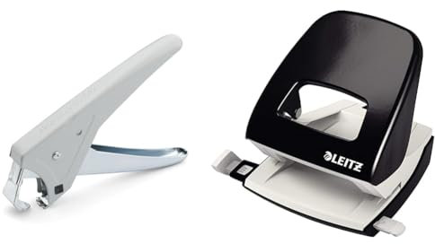 Skre-Klick by SAX | Universal-Enthefterzange skre-klick | lichtgrau & Leitz Büro Locher aus Metall, Für 30 Blatt, Anschlagschiene mit Formatangaben