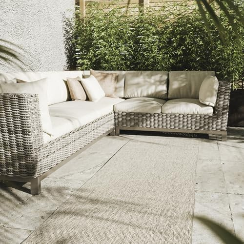 Interiyou Outdoor Teppich Wetterfest Asti - Läufer 80x300 cm Hellgrau - Jute Optik - Wasserfest für Balkon, Terrasse, Garten - Outdoorteppich passend auch für Wohnzimmer, Schlafzimmer und Küche