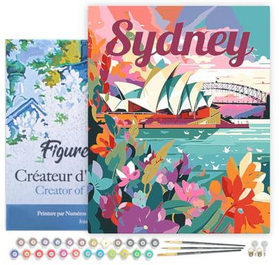 Figured'Art Malen Nach Zahlen Erwachsene Mit Rahmen Reiseposter Sydney - Paint by Numbers Basteln DIY Bastelset 40x50cm - Leinwand gespannt auf Holzrahmen