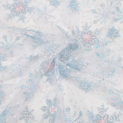 BENECREAT 91cm Schneeflocke Pailletten Tüll, 156cm Hellblau Transparenter Organza Stoff Schneeflocke Besticktes Netz Spitze für Kleidungszubehör, Vorhang Haus Weihnachtsdekorationen