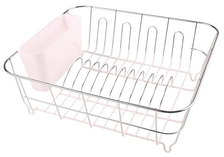 Juego de escurridor de platos y cubiertos de 2 piezas, compacto para fregadero con revestimiento inferior de goma, organizador de cocina que ahorra espacio para diferentes utensilios, rosa pálido