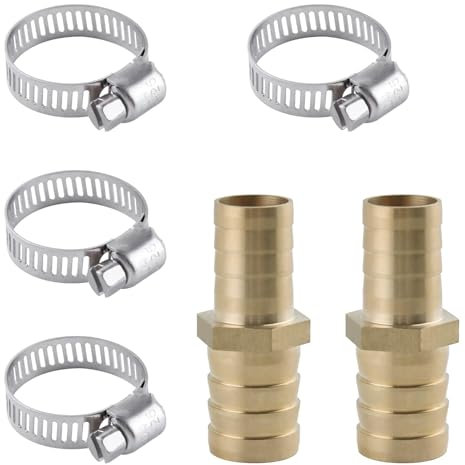 LEONTOOL 2 Pack Hose Barb Fittings Reducer, 5/8 to 3/4 Brass Hose Barb Reducer with 4 Hose Clamps, Reducing Barb Brabed Fitting Splicer Mender Union, Brass Hose Barb Adapter for Fuel Water Air