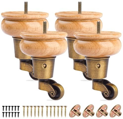 4 Inch /10cm Furniture Legs with Castors, 4Pcs Vranish Solid Wood Feet Round Gourd Wooden Turned Replacement Feet with Threaded M8 Hanger Bolts & Mounting Plate & Screws For Chair,Recliner,Ottoman,