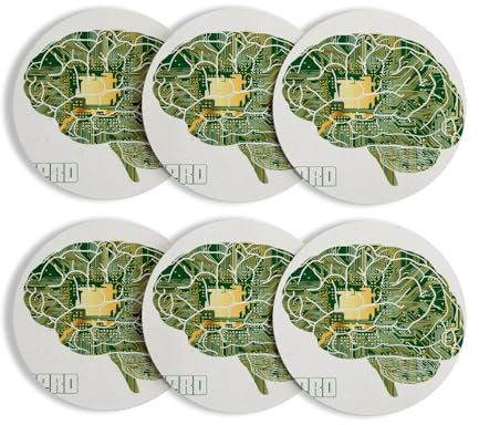 Untersetzer, rund, Korkbasis, Gehirn auf Leiterplatte, 6 Stück (95 x 95 mm)