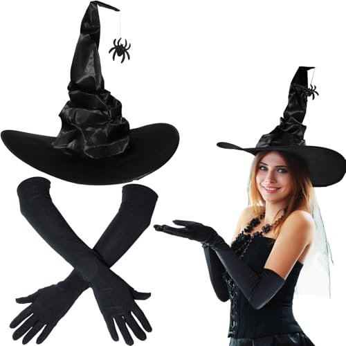 HSSPYY Hexenhut & Lange Handschuhe Set für Damen – Faltbarer Satin-Hexenhut mit Glitzer-Spinne & 45 cm Stretch-Handschuhen – Elegantes Halloween Kostümzubehör für Erwachsene