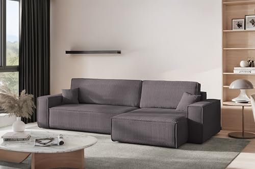 Kaiser Möbel - Ecksofa mit Schlaffunktion - Big Sofa - 274 x 142 cm - Cord Stoff, L Form, XXL, mit Bettkasten - Große Liegefläche 230 x 140 cm - Eckcouch, Wohnlandschaft - Best XL Rechts, Dunkelgrau