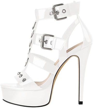 blingqueen Damen Plateau Sandalen Punk Sandaletten Gothic High Heels T-Riemen Riemchensandalen mit Nieten Schnallen Glitzer Weiß 45 EU