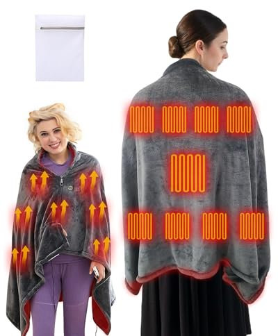 Electric USB Heated Shawl Blanket – Large Size, 9 Heating Zones, Adjustable Temperature with 3 Settings, Fast Heating, Soft Flannel, Zippered Design, Ideal for Home & Office Use