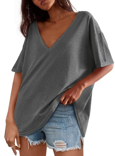 Tankaneo Damer överdimensionerad t-shirt kortärmad djup v-ringad sommar toppar enfärgad basic t-shirts skjortor casual lös tunika toppar blus, Mörkgrå, XL