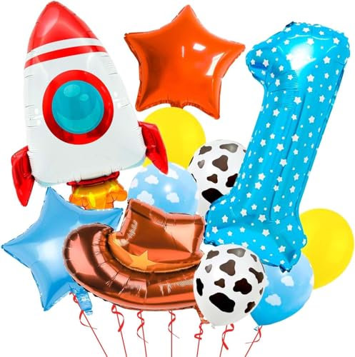 11 Stück Luftballons 1. Geburtstag Junge Set Blau Folienballons 1 Cowboy Rakete Folienballon Stern Geburtstag Junge Deko Milchkuh Wolke Ballon 1 Jahr Geburtstagsdeko