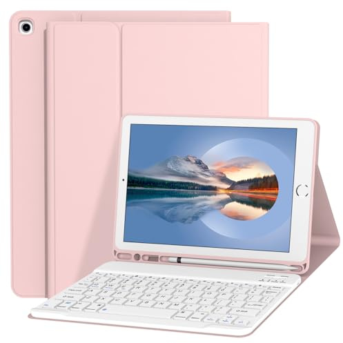 Divufus Keyboard Case for iPad 9.7 Inch 6th/5th Generation, for Air 2/1 Gen | Detachable Wireless Keyboard, Support 3 System, Folio Stand, With Pencil Holder, Soft TPU Shell for iPad 9.7, Pink