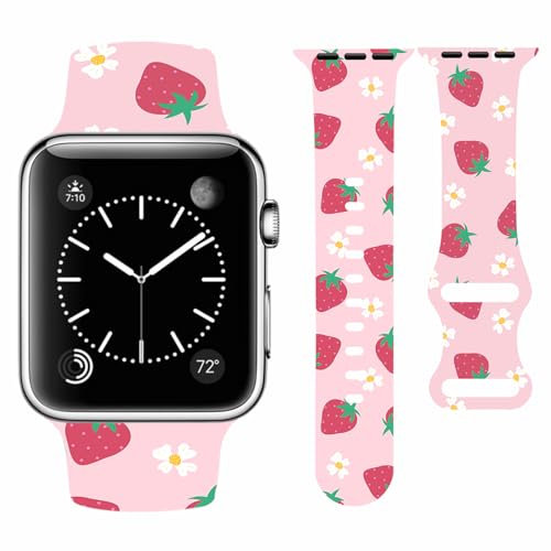 Vozehui Strawberry Silicone Strap Compatible with Apple Watch Strap 42mm 41mm 40mm 38mm,Soft Silicone Replacement Straps for iWatch SE Series 10 9 8 7 6 5 4 3 2 1, Women Men