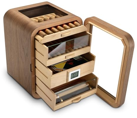 CIGARLOONG Cedar Wood Cigar Humidor Cabinet with Glass Top&Humidifier&Digital Hygrometer,4 Large Capacity Drawers Storage 110 Counts,Luxury Gift for Men (Brown)