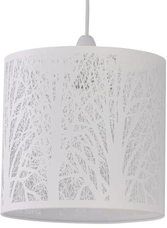 firstchoicelighting White Forest Tree Easy Fit Ceiling Pendant Lightshade, Metal Cut Out Design, Diameter 23cm