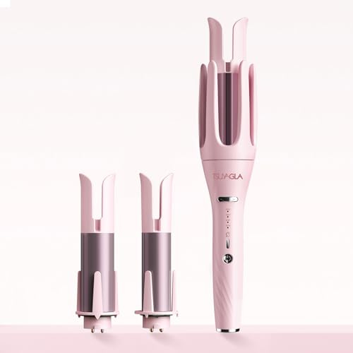 3 in 1 Automatic Curling Iron, Hair Curlers with 3 Curling Barrels (1 - 1.25 - 1.5), Rotating Curling Iron with 3 Temp, 2-Way Rotation, 10S Fast Heating, Anti-Scald, Dual Voltage, Pink