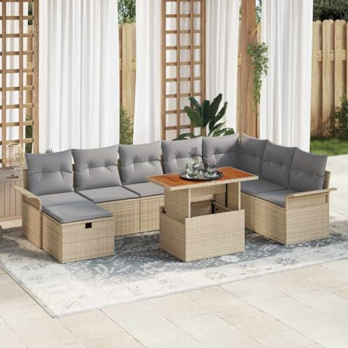 Teenpull Garten-Sofa-Set 9-teilig Beige Poly-Rattan, Akazienholz, wetterfest für Terrasse, Balkon, Außenbereich, modernes Loungemöbel