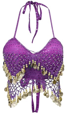 Generisch Pailletten Oberteil Damen Bauchtanz Kostüm Glitzer Oberteile BH mit Münzen Neckholder Rückenfrei Karneval Rave Festliche Party Glänzender Crop Top Latin Indian Fransen Dancewear Tanzkostüm