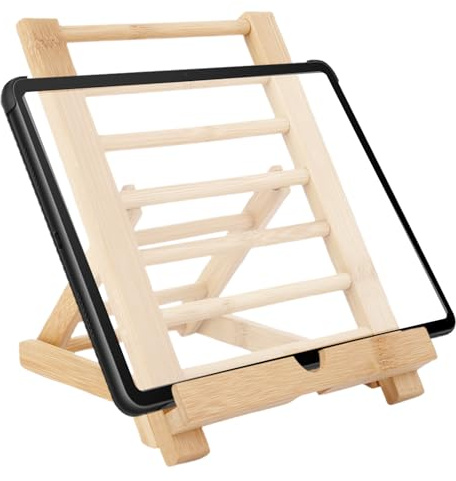 gifyym Support de tablette en bois - Support de bureau réglable et pliable avec port de charge | Construction en bois naturel, angle réglable pour tablettes, visualisation confortable