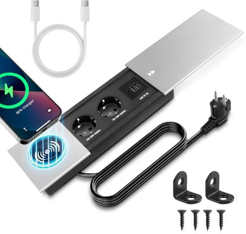 Einbausteckdose Versenkbar mit Deckel 2 Fach Steckdosenleiste USB C PD | Einbau Tischsteckdose Tischplatte Versenkte Steckdose, für Schreibtisch Küche Büro Sofatisch Konferenztisch, Silber