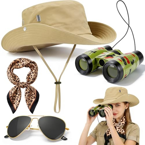Athora 4Stück Frauen Safari Kostüm Set, Safari Kleidung Damen mit Sonnenhut, Fernglas, Sonnenbrille, Leoparden Halstuch, Explorer Outfit für Frauen Halloween Karneval Fasching