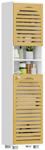 Hzuaneri Meuble Salle de Bain, Armoire de Rangement en Bambou avec 2 Portes | Meuble de Rangement avec Étagère Réglable en Bambou, pour Salle de Bain, Salon, 30 x 40 x 171,5 cm Blanc SC17003X