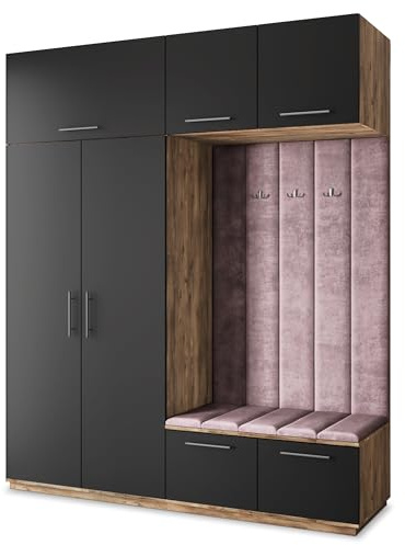 Masseno Flugarderoben Set Rema, Kleiderschrank-Set mit Sitzbank, Garderobenschrank Flur mit 5 Regalböden, Eiche Lefkas/Schwarz