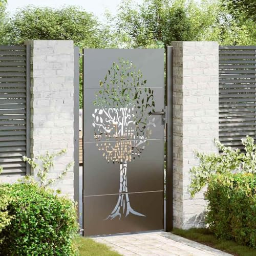 LoogCape Gartentor schwarz 110 x 180 cm pulverbeschichteter Stahl Hoftor Zauntor Flügeltor mit abschließbarem Riegelverschluss Laserschnitt Baum Motiv für Grundstück außenbereich