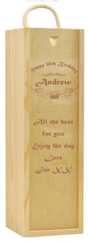 Personalised Wooden Champagne Gift Box | Printed Crown Design Wooden Wine Box with Rope Handle | Perfect for Birthday Wedding Anniversary | Print with Any Name Message Occasion and Date