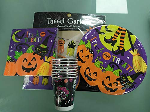 CAPRILO. Lote de Cubiertos Infantiles Trick or Treat (40 Vasos, 40 Platos, 48 Servilletas, 2 Manteles y 3 Guirnaldas). Juguetes para Fiestas de Halloween, Cumpleaños, Bodas, Bautizos y Comuniones.