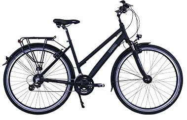 HAWK Trekking Lady Premium Fahrrad Damen 48 cm I Bike mit Microshift 24 Gang Kettenschaltung, Felgenbremse & LED Beleuchtung I Allrounder I Schwarz