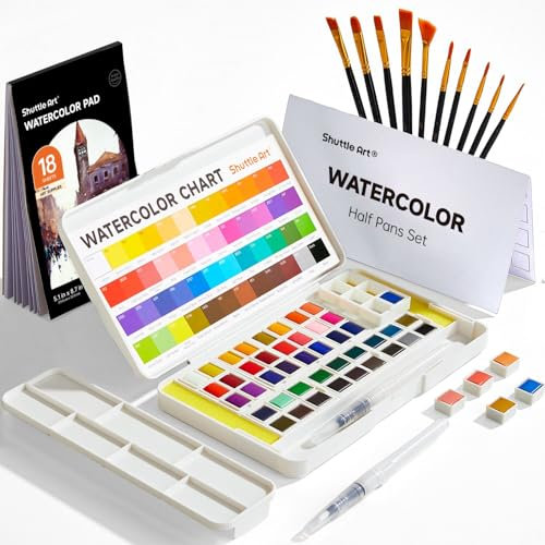 Shuttle Art Peinture Aquarelle, 48 Couleurs avec 2 Stylos Pinceaux à Eau, 10 Pinceaux, 1 Tampon, 1 Palette, 2 Nuanciers, Kit Aquarelle Débutants Adultes