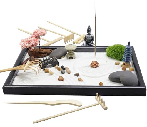 YUNGCHI Zen Garden for Desk Mini Japanese Sand Desktop Office Miniature Zen Garden Box with Kit 11.8 X 7.9 in