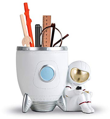 Kimdio Stiftehalter Astronauten-Stifthalter für den Schreibtisch, dekoratives Zubehör für Zuhause und Büro, niedliches Kunstharz, Geschenk für Männer und Frauen (weiß)