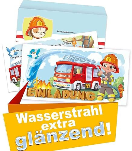 NiLiNo Feuerwehr Einladungskarten Kindergeburtstag 8er Set (8 Einladungen + 8 Umschlägen) Motoparty Einladung (Set 1)