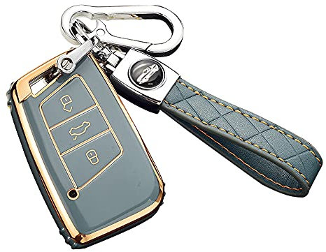 ontto Autoschlüssel Hülle Cover Passt für VW Magotan Passat B8 CC MK2 Jetta Skoda Superb A7 Kodiaq?Zubehör Schlüsselbox Schlüsselhülle Schlüsselanhänger Schlüssel Schutz Etui 3 Tasten-Golden Grau