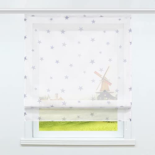 CORLIF Raffrollo mit Klettband Transparente Raffgardine Voile Kinderzimmer Modern Bändchenrollo Vorhänge mit Sterne Muster Grau BxH 80x140cm 1 Stück