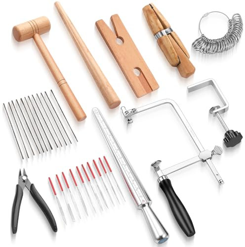 Jewelers Tools Set Including Jeweler Saw Frame Bench Pin Clamp Diamond Needle File Wooden Ring Clamp and Ring Sizer Mandrel Measuring Tool Jeweler's Mallet Hammer Stick for Jewelry Making