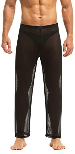 Herren Hose transparent Netz Nachtwäsche Männer Reizvoll Unterwäsche Nylon Mesh durchsichtig Lange Sheer Pant aus feinster Tüll Stoff (XXL, Schwarz)