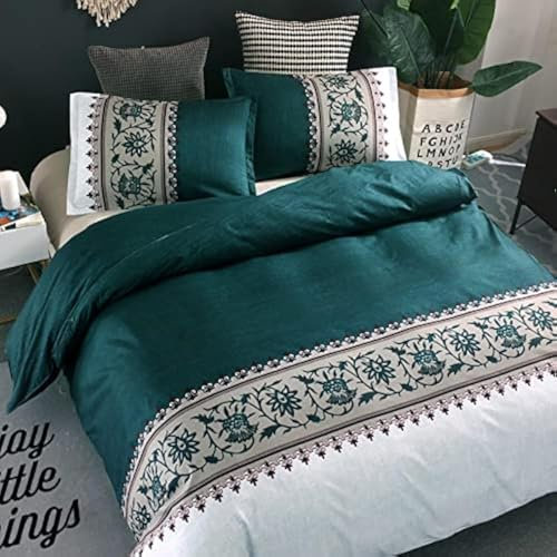 Green Duvet Cover Double Reversible Boho Printed Bedding Quilt Cover Soft Microfiber Bedding Set with 2 Pillowcases (3 Pieces, 200x200cm)