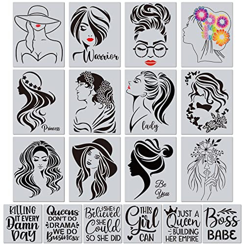18 Stück Frauen Thema Lady Schablonen Floral Weibliches Gesicht und inspirierendes Zitat Mädchen Schablone für Zuhause Wandkunst Dekor Malerei auf Holz Leinwand Papier Home Fliesen Wandfarbe