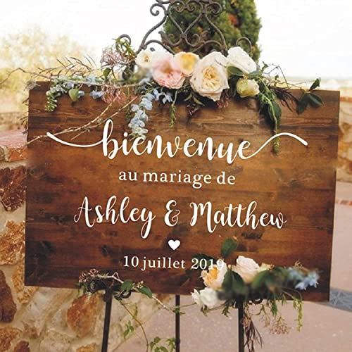 FIONEL Bienvenue Mariage Autocollant,Conseil De Mariage Français Panneau De Réception, De Bienvenue Autocollant Personnalisé Mariage for Verre,Nom Personnalisé Date Panneau De Mariage(73x42cm)