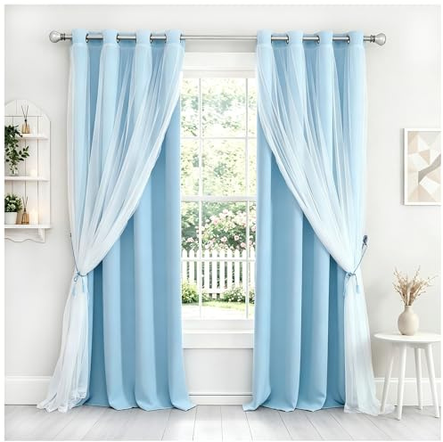SOFJAGETQ Blaue Vorhänge, 228,6 cm Länge, 2 Paneele, doppellagig, Verdunkelungsvorhang, Vorhänge mit weißem durchscheinendem Voile und Spitzensaum, für Kinder-/Mädchenzimmer, Wohnzimmer, Kinderzimmer