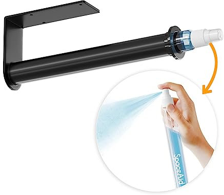 SpaceAid SprayNeat Paper Towel Holder with Spray Bottle, Under Cabinet Paper Towels Holders with Sprayer Inside Center, Hanging Wall Mount Papertowels Roller for Kitchen and Bathroom (Black)